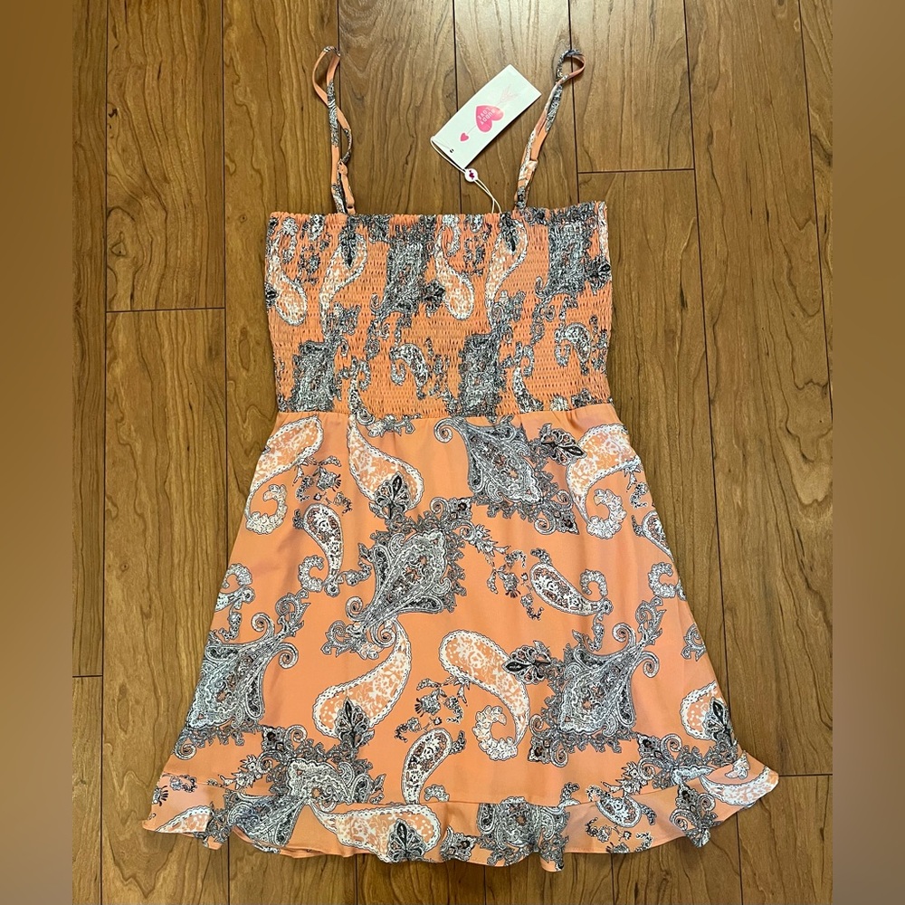 NWT Buddylove Medium Paisley Print Peach Orange Mini Smocked Dress